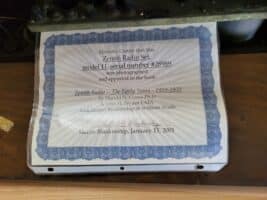 Zenith Model 11 certificate