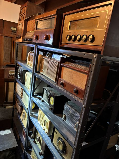 wooden radios on shelf